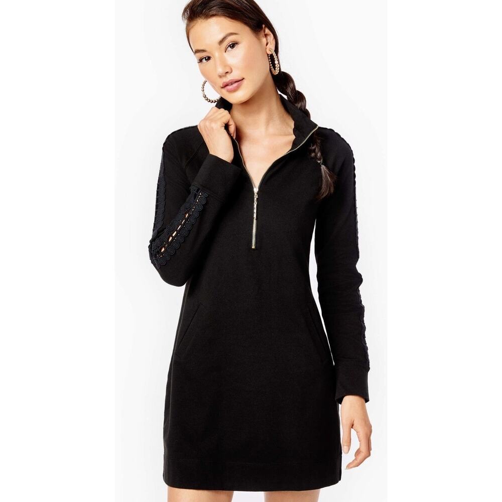 Lilly Pulitzer Skipper Popover Dress Eyelet Long Sleeve Black 1/4 Zip Womens XS